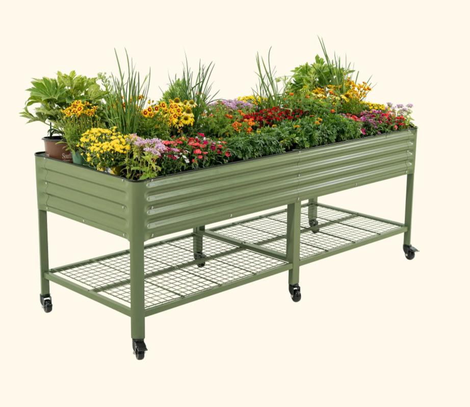 Vego Garden Rolling Elevated Raised Garden Bed V Series with Lockable Wheels & Storage Rack for Patio Porch 700 Lbs Capacity Outdoor Planter Box for Vegetables Flowers Herbs Heavy Duty Olive Green