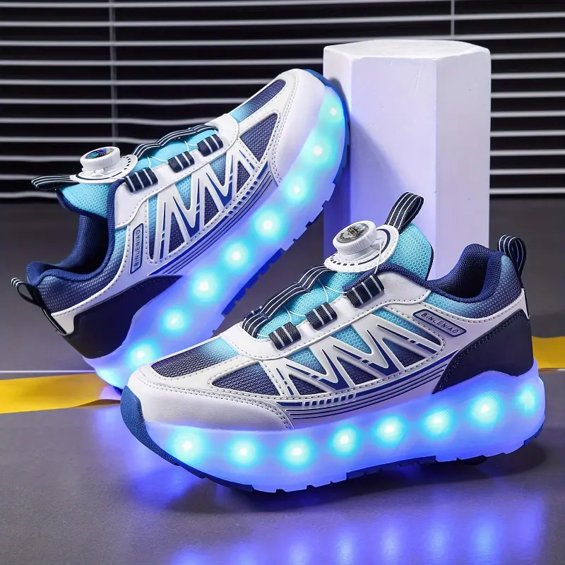(New)Boys' LED Light-Up Roller Skate Sneakers Rechargeable Breathable Mesh Upper Easy Twist Buckle Closure All-Season Outdoor Casual Shoes with Glowing Blue LED Lights Skate Shoes  wearing  ring