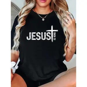 Christian Cross God Loves You Religious Jesus is King T-Shirt Women's Graphic Tees Loose Top 100% Cotton Round Neck Short Sleeves Super Soft Stylish Summer Streetwear