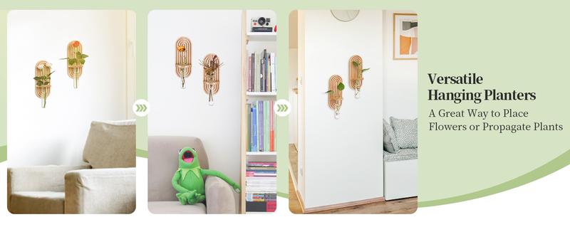 Hanging Plant Propagation Stations:  Set of 4, Rustic Wall Planter for Indoor Plants, Wood Plant Holder, Glass Terrarium Test Tube Propogation Vase for Home Office Decor