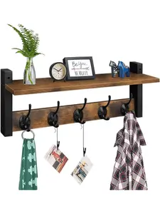 Wall-Mounted Kitchen Shelf with 5 Metal Hooks – Rustic Brown Dish & Utensil Storage Rack for Plates, Cups, Towels & Cooking Tools