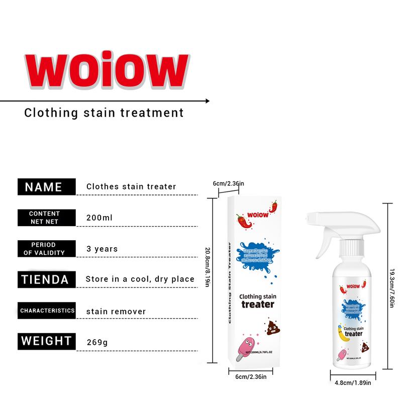 WOiOW Clothing Stain Remover Spray 200ml - Powerful Safe Biodegradable Formula for Clothes Carpets Quick Fix for Food Grease Set In Stains Portable Easy to Use Household Cleaner Detergent