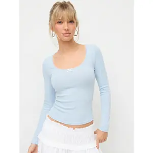 Cider Pointelle U-neckline Bowknot Lace Tee