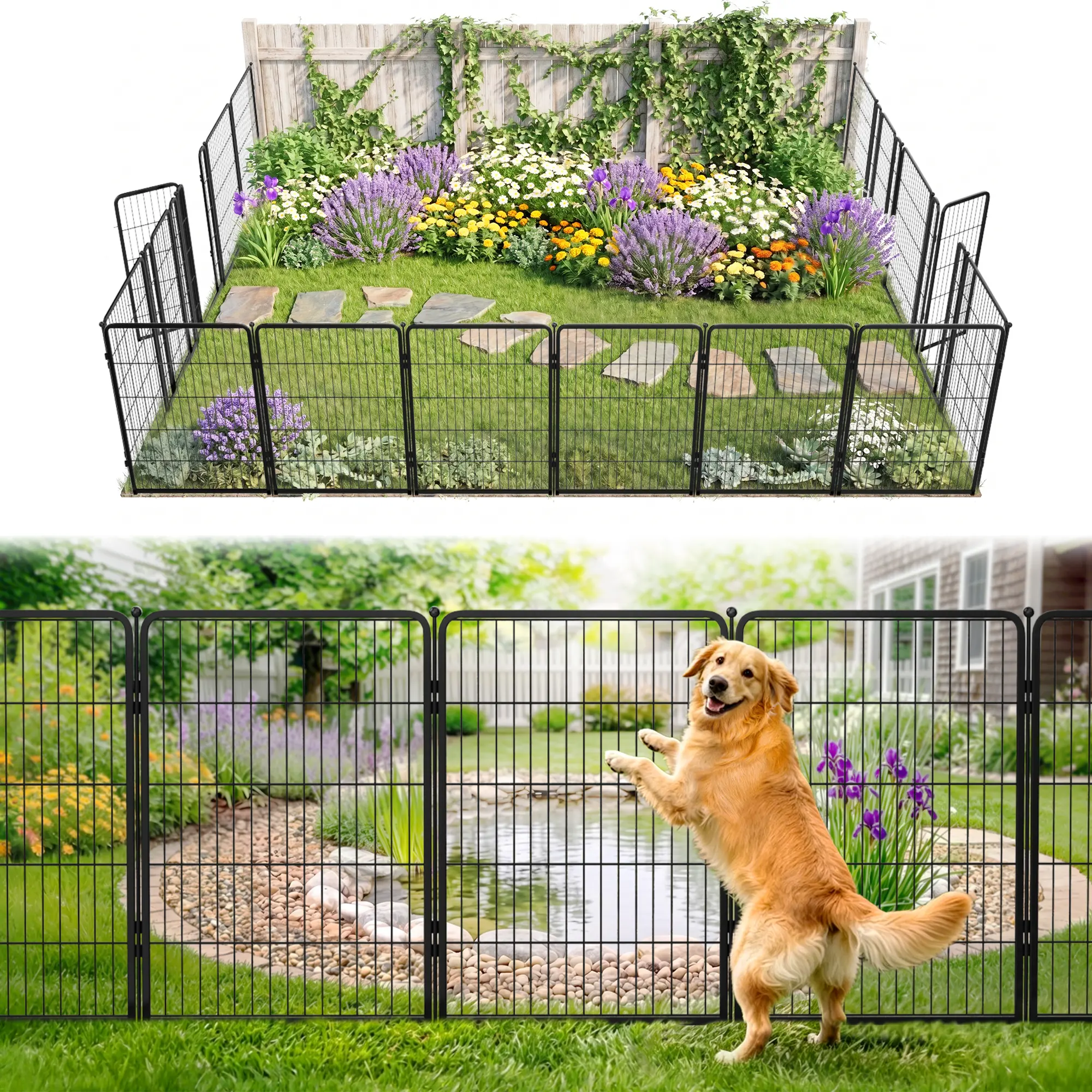 FXW No Dig Heavy-Duty Metal Garden Fence with Stakes & Connecting Panels, Dog-Friendly Outdoor Backyard Barrier for Flower Bed & Potty Area Protection, Flexible Layout, Decorative, Easy to Rearrange, Easy To Assemble