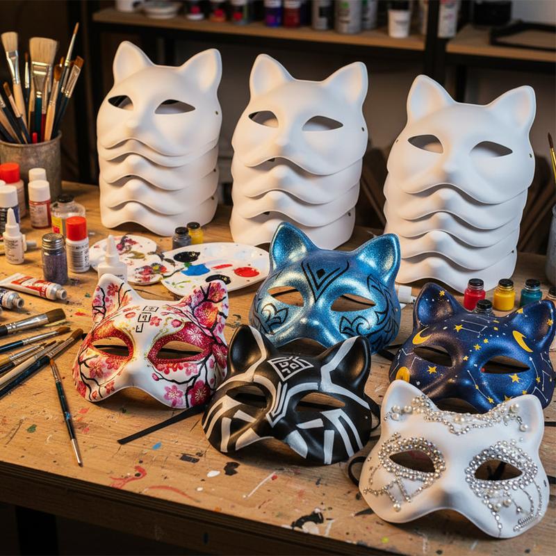 30 PCS Blank Therian Mask DIY Kit White Therian Animal Masks to Paint 7.1X6.7in Comfortable Lightweight Paper Adjustable Elastic Bands Colorful Gift for Halloween Party Cosplay & Craft Activities