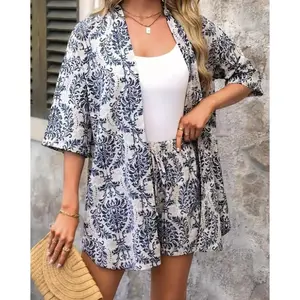 2026 Vacation Print Elegant Two-Piece Set: Short-Sleeved Shirt and Tie-Waist High-Waisted Shorts