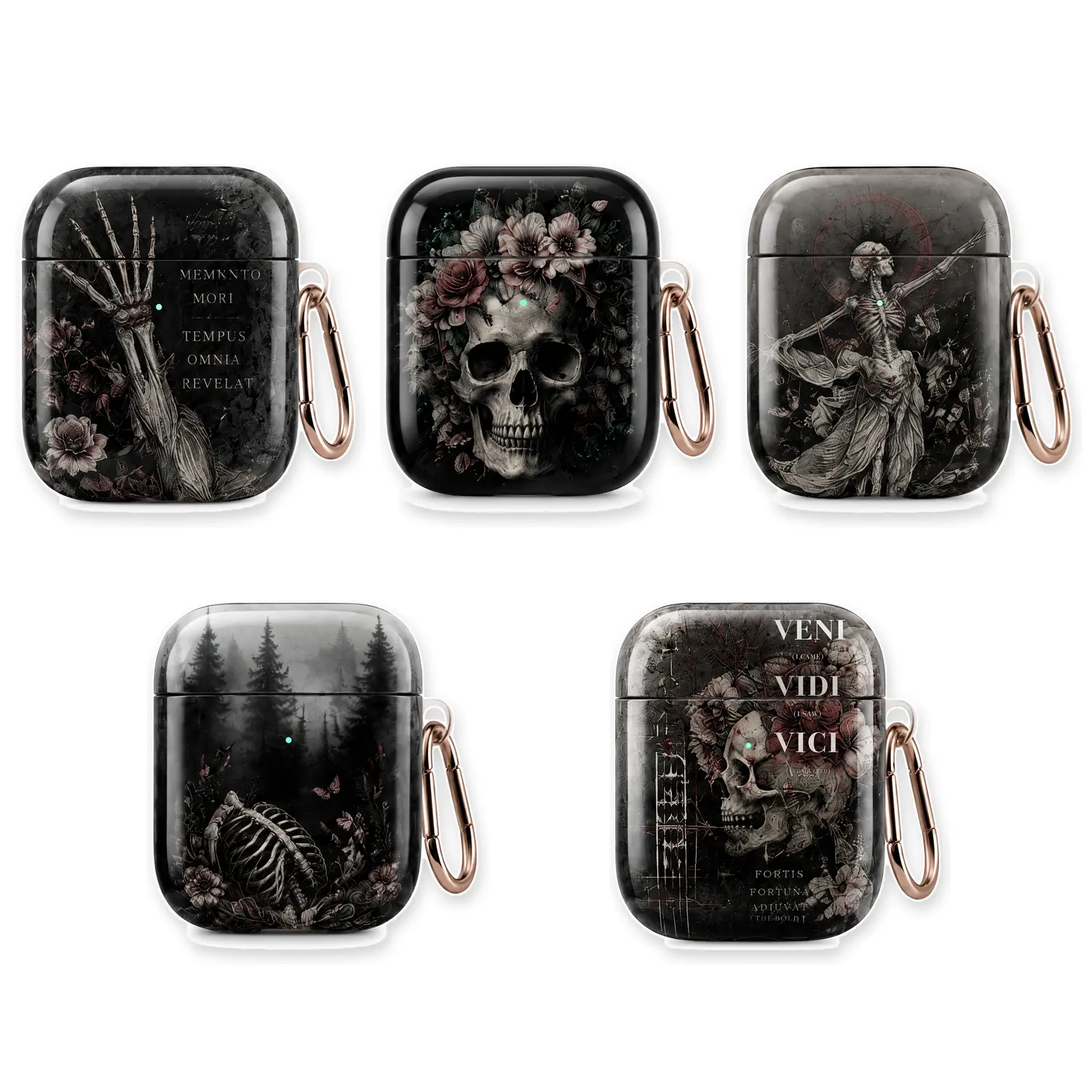 Gothic Skull AirPods Case Cover With Keychain, Dark Floral Hard Shell Protective Earbud Charging Case Sleeve for AirPods 2 3 4 Pro Pro 2 Pro 3, Memento Mori Skeleton Art, Spooky Black Aesthetic Halloween Gift for Men Women Teens, Alt Gothic Style Gift Set