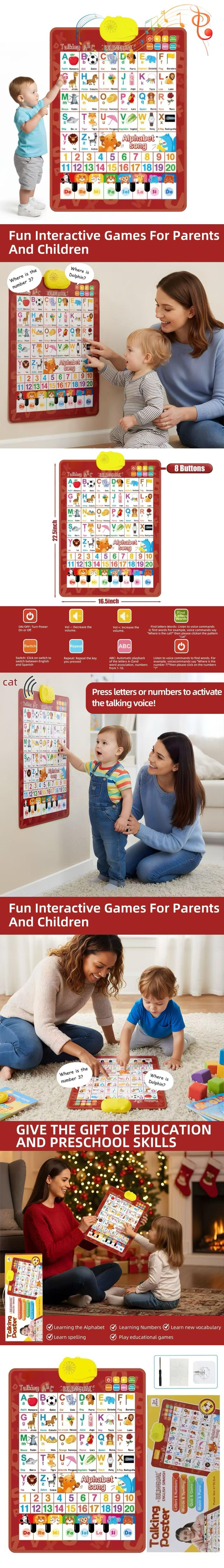 Kids' English-Spanish Alphabet Poster with Interactive Talking Alphabet & Number Chart for Early Education Fun Bilingual Learning ABC & Basic Vocabulary Toy summervibes