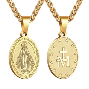 Virgin Mary Necklace for Men Miraculous Medal Necklace Stainless Steel Mary Mother of God Pendant Mother Mary Necklace for Women Christian Jewelry Medallion Holy Mary Charm