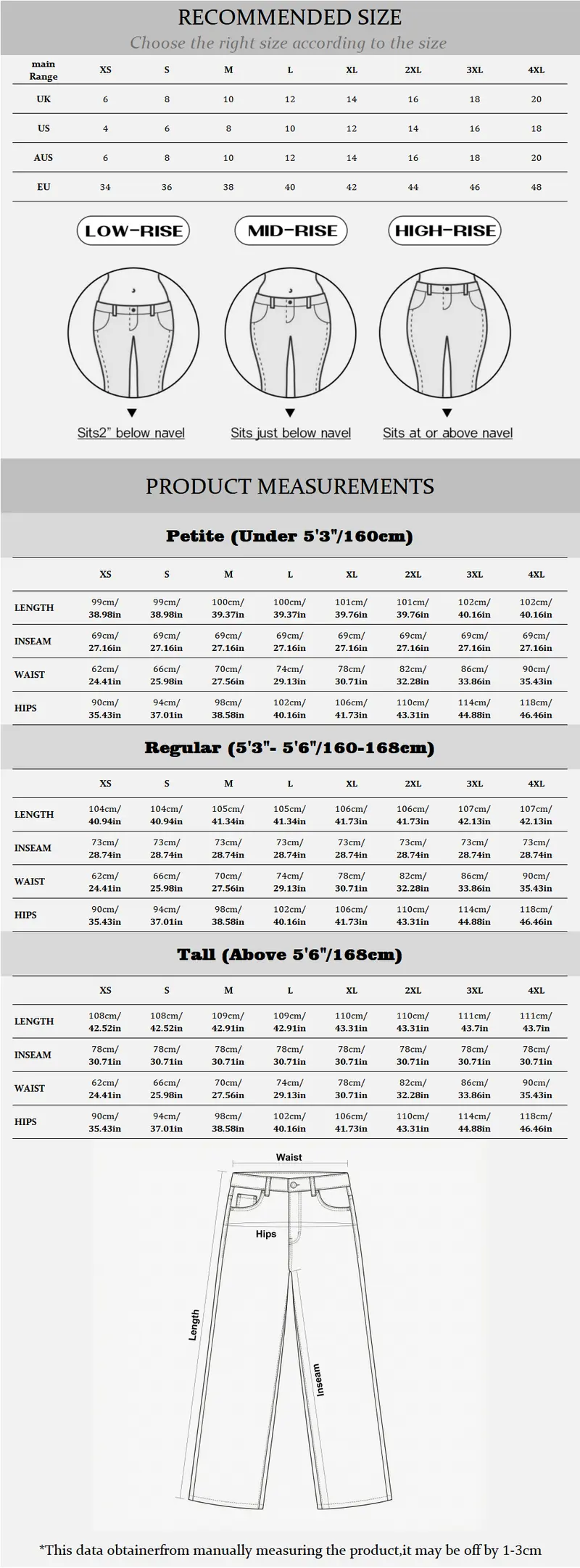 Original Katch Me detailed garment size chart with petite regular and tall lengths
