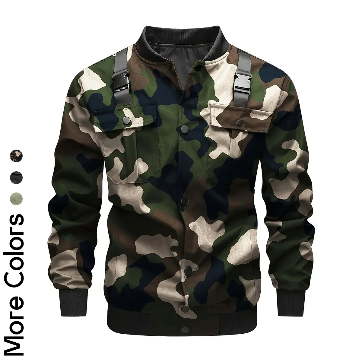 Men's Techwear Tactical Jacket, Streetwear Hip Hop Bomber Jacket with Cargo Pockets & Buckles, Slim Fit Casual Windbreaker Outwear