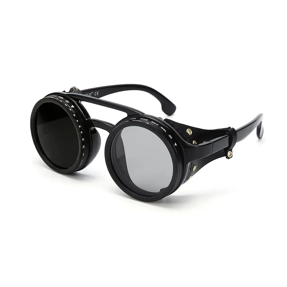 OUANGANC Adjustable Tint Men's Retro Futurism Sunglasses - Polarized Round Steampunk 1-9 Gears ND Filter Lenses with Leather Side Shields for Hiking, Driving, Skiing, Adjustable Tint Men's Sunglasses