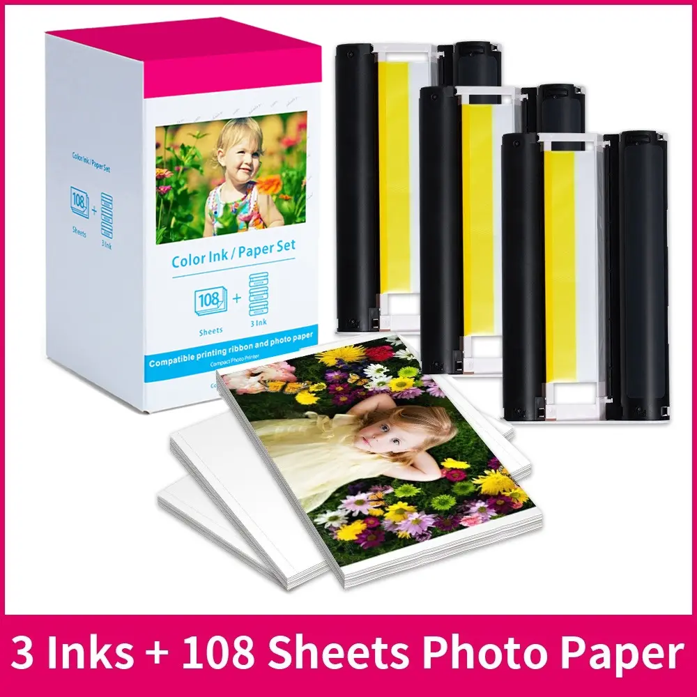 KP108 Photo Paper Ink Cartridge Canon SELPHY CP1500 CP1300 CP1200 CP900 CP800 Compact Printer Kit Ink Cartridge Refills Replacement Cartridges for KP-108IN RP-108, Ink and Paper (for 108 prints)