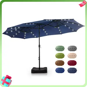 PHI VILLA 2026 New Double-Sided Outdoor Patio Umbrella 15 ft Large with Crank, Steel Pole, Metal Frame, Includes Base, Easy to Clean, Solar Led Lights