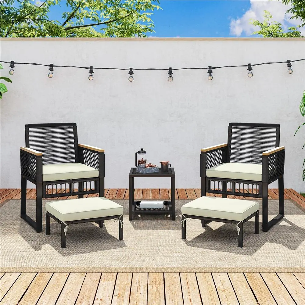 Costoffs 5-Piece Wicker Patio Set – Outdoor Rattan Furniture with Table, 2 Armchairs, 2 Ottomans, and 4 Cushions for Balcony, Deck, or Garden – Black/Beige,outdoorfurnitureset