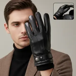 All-Match Black Leather Gloves for Men Winter Thermal Insulated