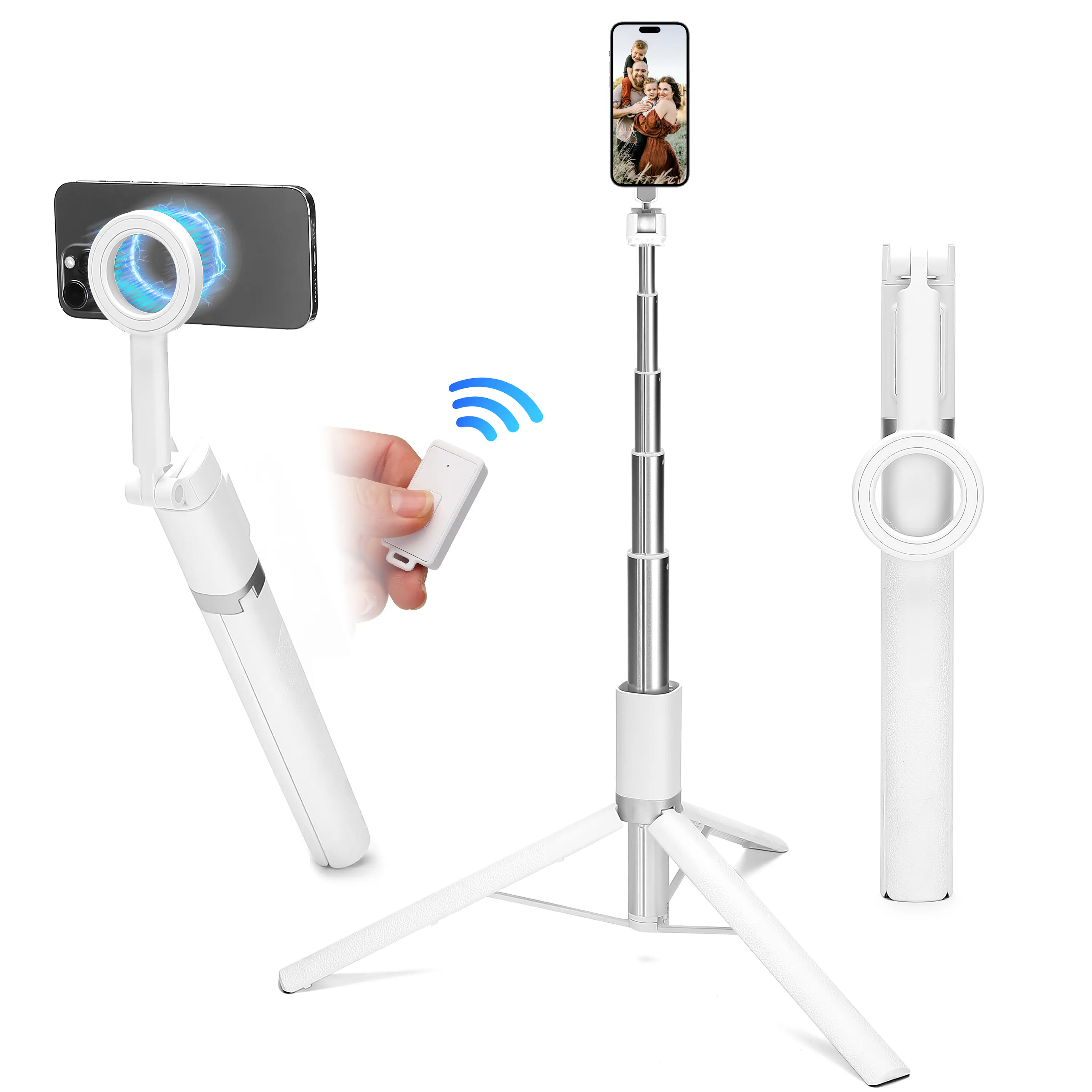 65" Alloy Magnetic Selfie Stick Tripod with Bluetooth Remote Control, MagSafe-Compatible Phone Accessories for iPhone 17/16/15/14/13/12 Series, MagSafe Cases & Other Metal Ring-Equipped Devices, Android Phones