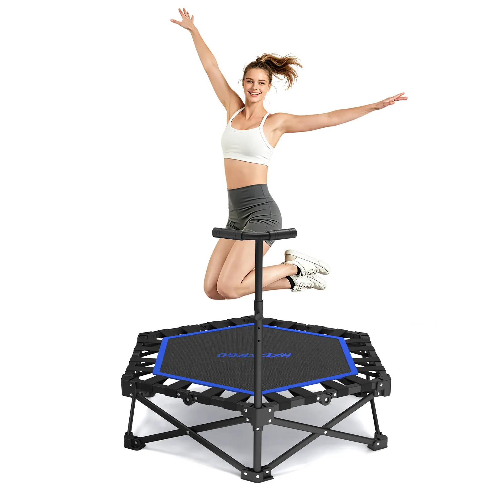 HXD-ERGO Compact Foldable & Space-Saving Rebounder Trampoline with Height-Adjustable Handlebar, Steel Frame, Indoor/Outdoor Cardio Fitness Equipment for Adults, Truly Full-Body Workout, Easy to Use