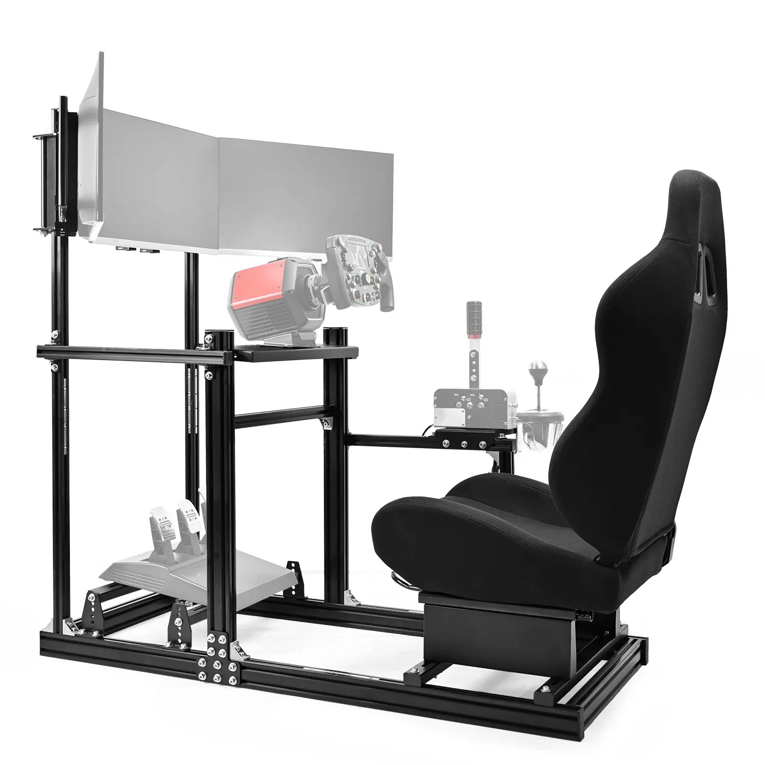 Dardoo 3060 Aluminum Racing Simulator Cockpit with Triple Monitor Mount and Black Gaming Seat Compatible with G29, G920, G923, T500, T818, T80, T128, T300 steering wheels. Steering wheel, pedals, handbrake, and other electronic devices sold separately.