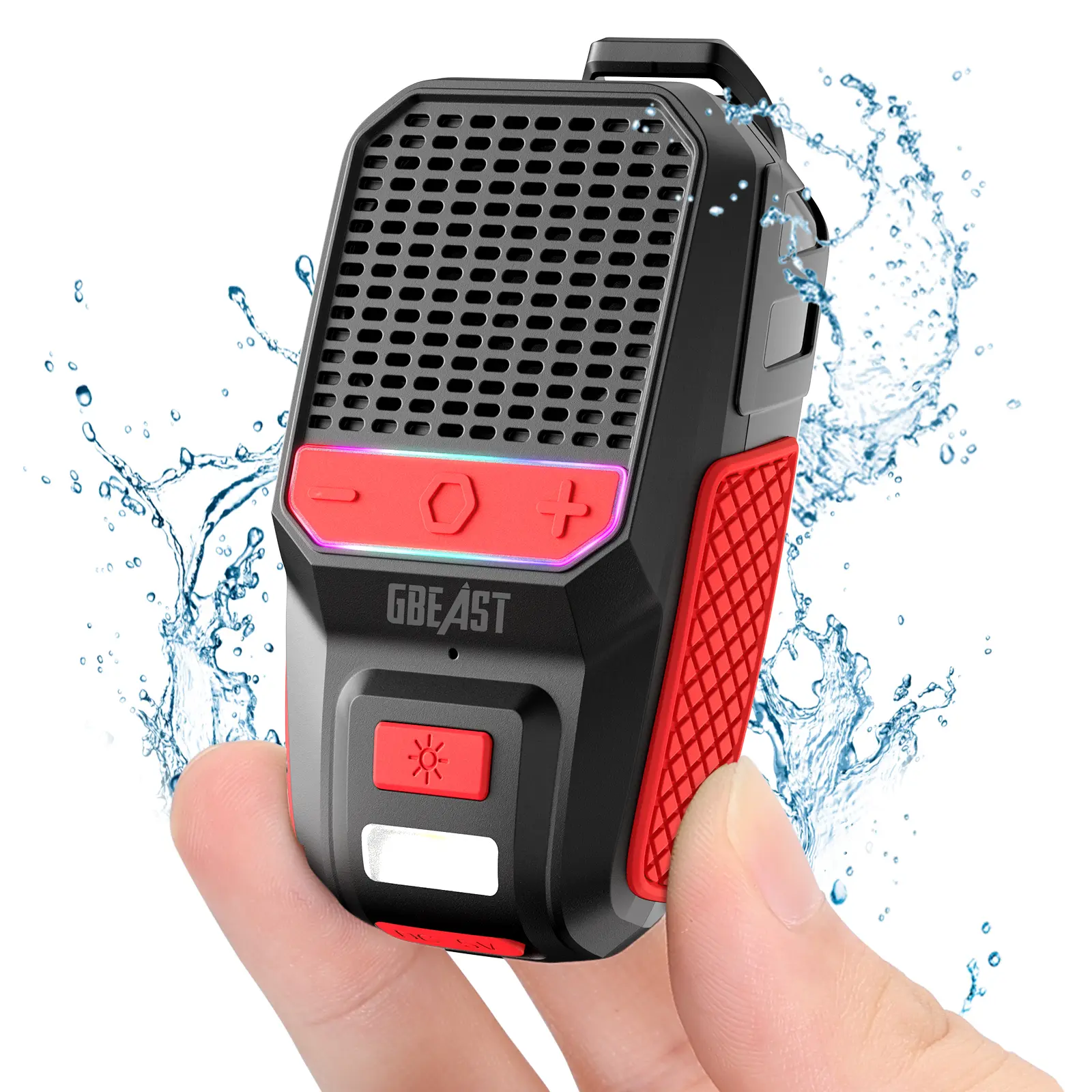 GBEAST Clip-On Durable Wireless Wearable Bluetooth Speaker - RGB LED Light, Flashlight, IPX6 Waterproof, 30-Hour Battery, Noise Cancellation, Stereo Audio, Clip Tools and Gadgets, Cool Outdoor Stuff, Unique Gifts for Man - Camping Use