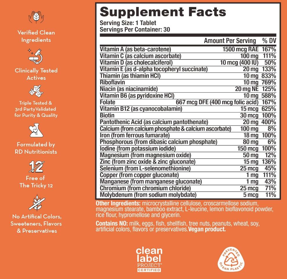 HUM Base Control - Women's Daily Multivitamin & Mineral with B Complex, Vitamin C, 22 Micronutrients + Iron & Biotin to Support Premenopausal Women - Non-GMO & Gluten Free (30)