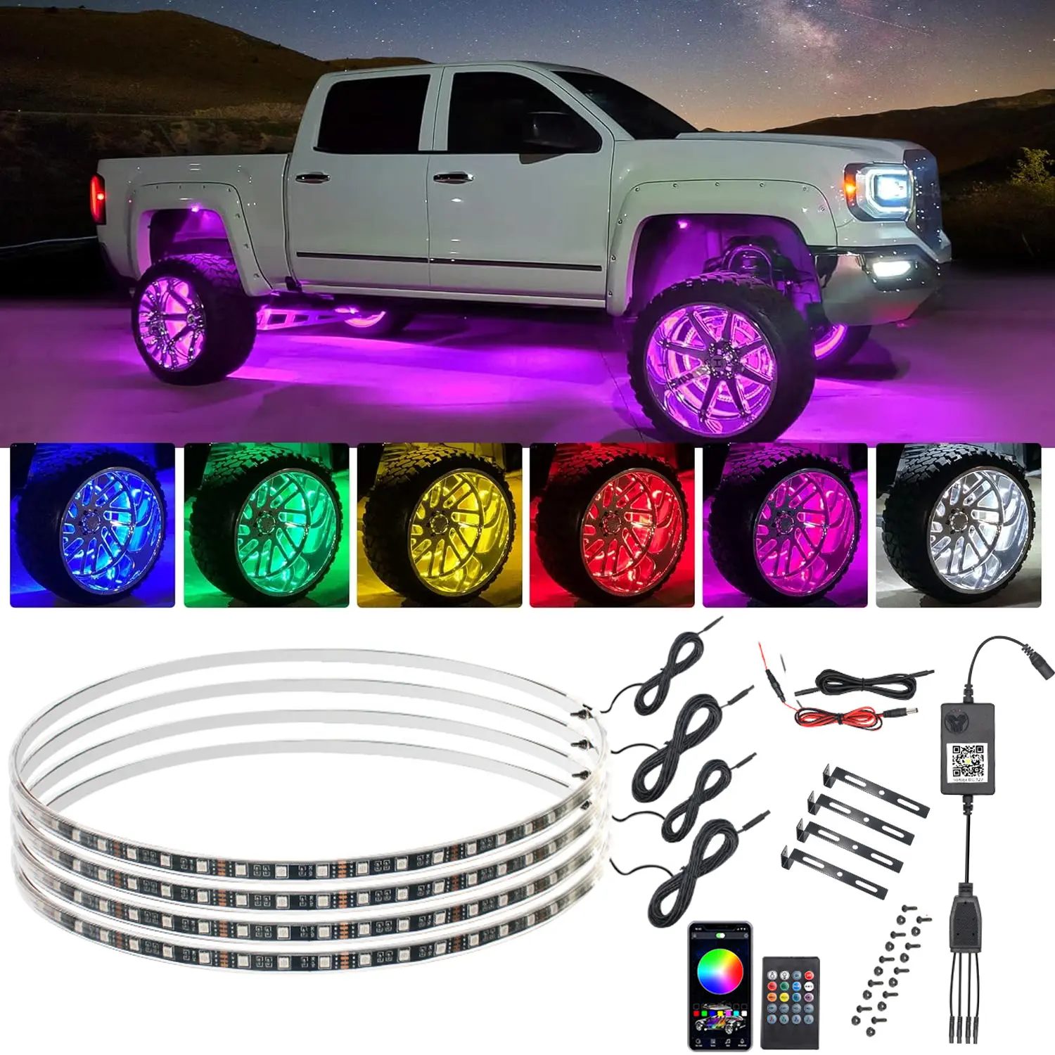 17" RGB LED Wheel Ring Lights for Cars Trucks – APP & Remote Control, Dynamic Modes & Music Sync, Waterproof Shockproof, Easy Installation 4PCS Kit