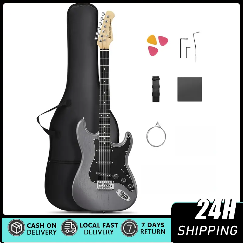 39-in Unisex Beginner Guitar (DST-80) Comprehensive Kit - Classic SSS Pickup, Amplifier for Amplified Sound, Gig Bag, Tuner, Capo, Strap, Picks, Black Pickguard, Free Online GST Access, Chord Shaping Guide