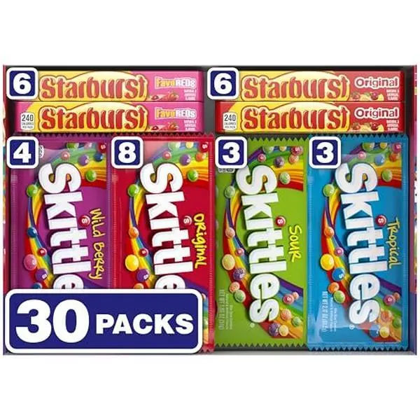 SKITTLES & STARBURST Variety Pack Full Size Chewy Candy Assortment, 62.79 oz, 30 Count (Pack of 2)  Snack