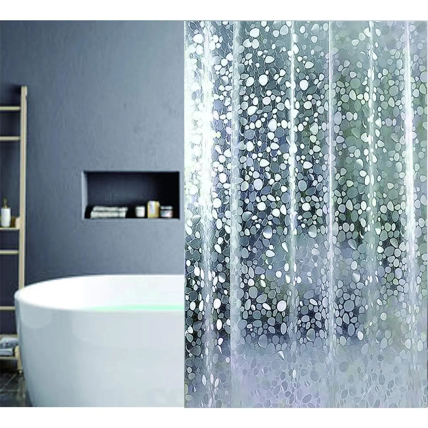 EVA Shower Curtain Liner with 12 Plastic Hooks, 72x72 Inch for Shower Stall & Bathtubs, 3D Pebble Bathroom Curtains, Odorless & Non , Semi-Transparent