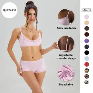 LUMENNEST Women's Elegant Lace Series Spaghetti Strap Lace Trim Wirefree Breathable U-Neck Bralette & Panties Set, Basic Underwear Set