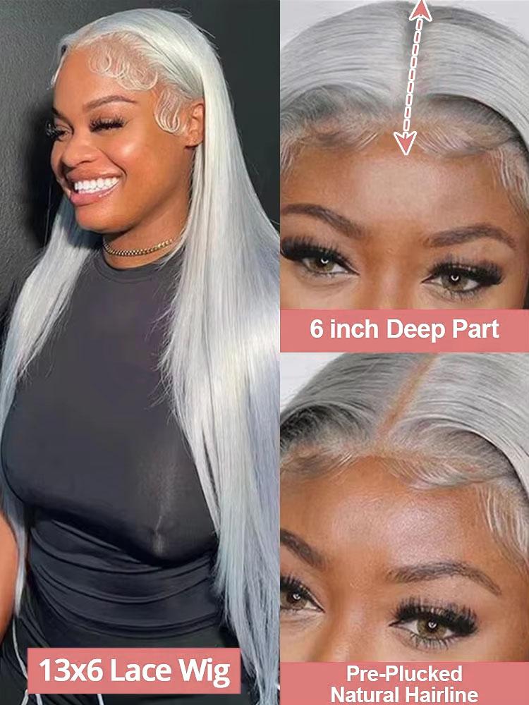 180% Density Silver Grey Straight Human Hair Wig For Women 13x4 13x6 Lace Frontal Wig Real Brazilian Human Hair Wig Eye-catching Hair In Summer Lace Front Wig 180% Density Silver Grey Straight Human Hair Wig For Women 13x4 13x6 Lace Frontal Wig Real Brazilian Human Hair Wig Eye-catching Hair In Summer Lace Front Wig
