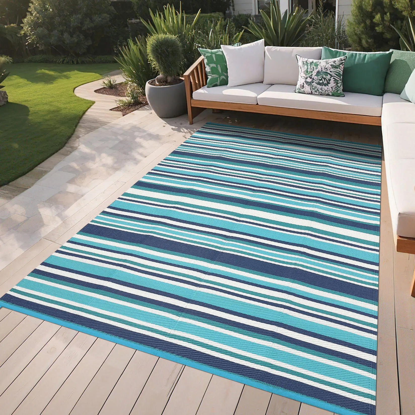 Outdoor Waterproof Rug Modern Striped Plastic Grass Woven Rug Double-sided Reversible Outdoor Patio Rug Rubber Granule Backing Foldable and Easy to Carry for Balconies Beaches Picnics RVs and Camping