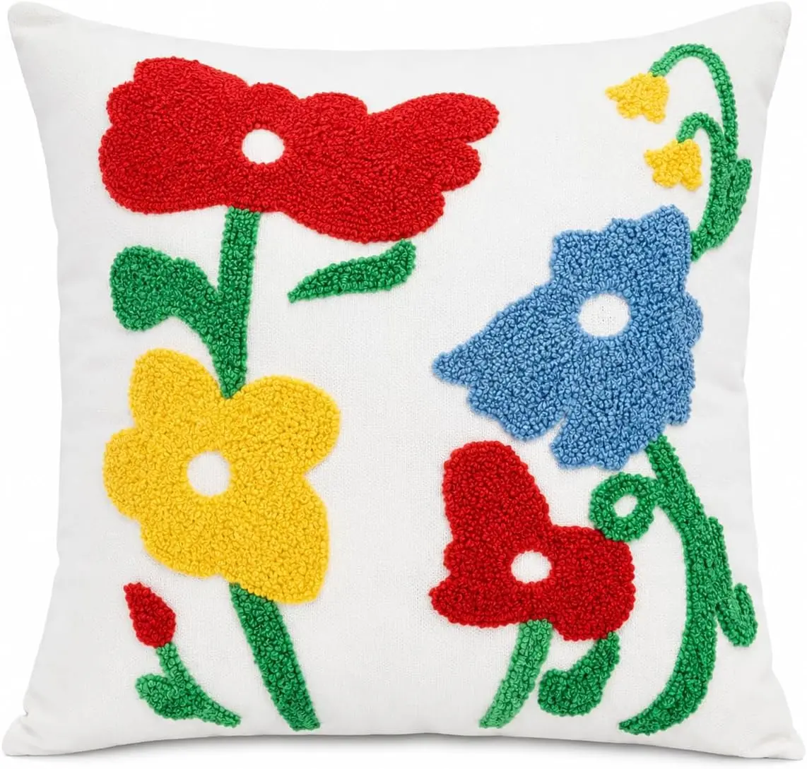 Selection Throw Pillow with Insert Included, 18x18 Inch Ivory White Woven Canvas Decorative Pillow, Colorful Floral Embroidery, Hidden Zipper, Farmhouse Boho Couch Sofa Bed Accent Pillow