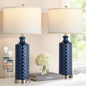 Table Lamp Set of 2, Modern Contemporary Ceramic Bedside Lamps with 2 USB Ports, 3-Way Dimmable Nightstand Lamp with White Fabric Shade for Living Room, Bedroom, Navy Blue