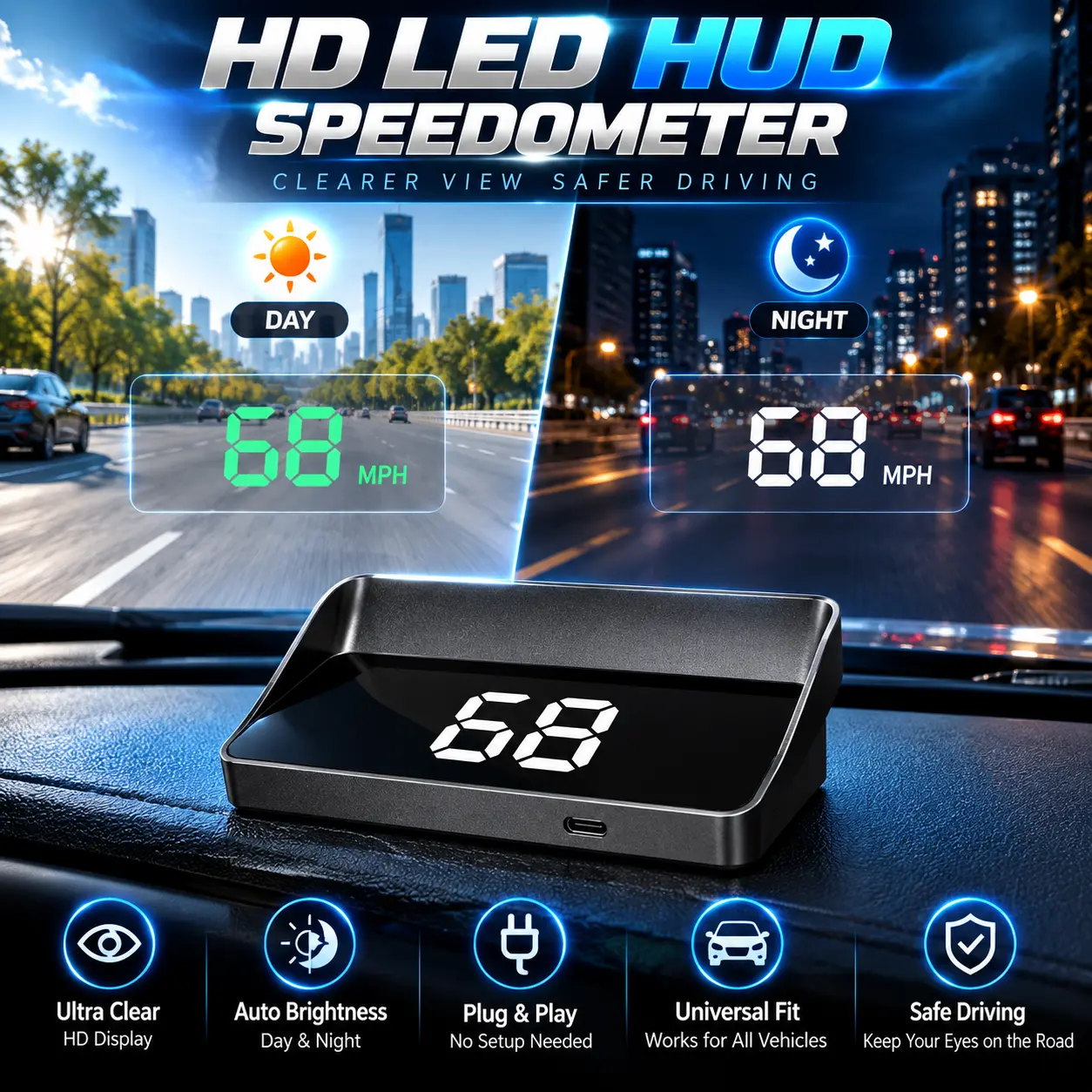 GPS HUD Speedometer for Cars, Car Head Up Display with Large Digital MPH Speed Display, USB Plug & Play Dashboard Speedometer, Auto Brightness, Green/White Display, Car Interior Accessories #GPSSpeedometer #GPSHUD #CarHUD #HeadUpDisplay