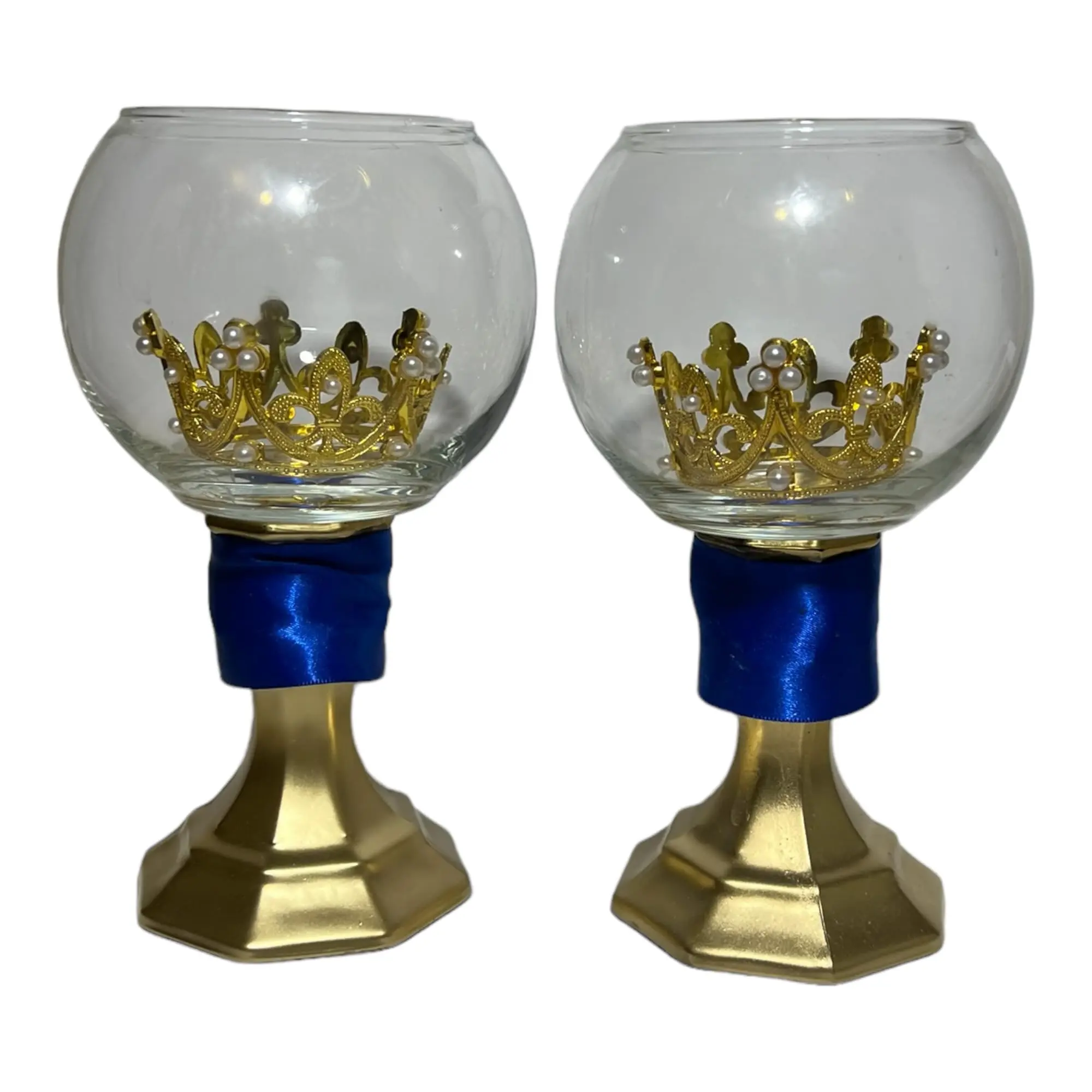 Dreamminis Crown Centerpieces, 12 inches Tall, Glass, Blue and Gold, Set of 2, for Parties, Weddings, Anniversaries, Quincenera