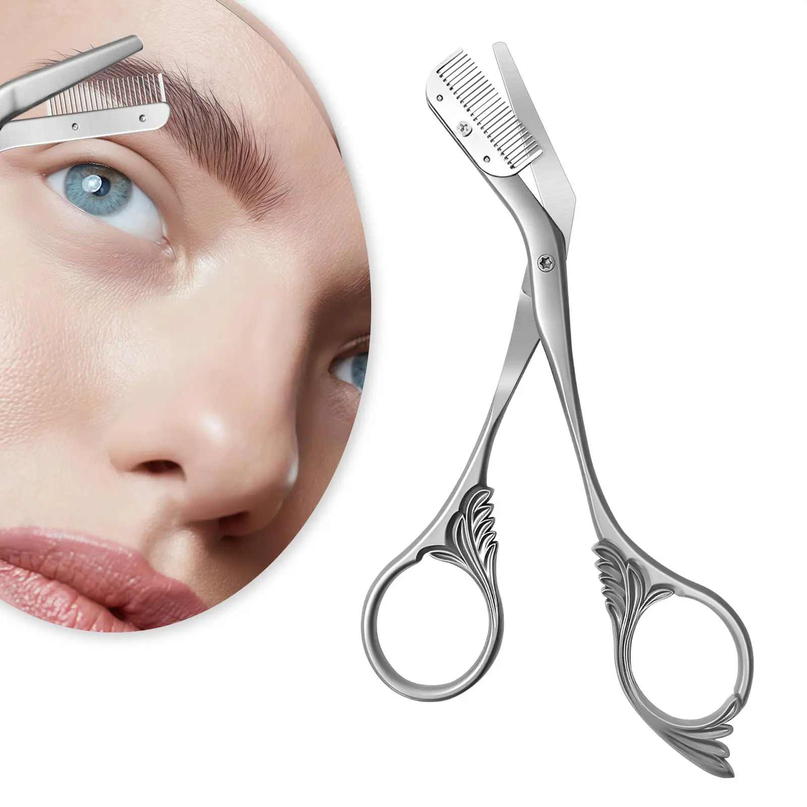 Women's Stainless Steel Eyebrow Trimmer Scissors - Detachable Comb, Precision Professional Brow Grooming Tool for Beauty & Personal Care Makeup Use
