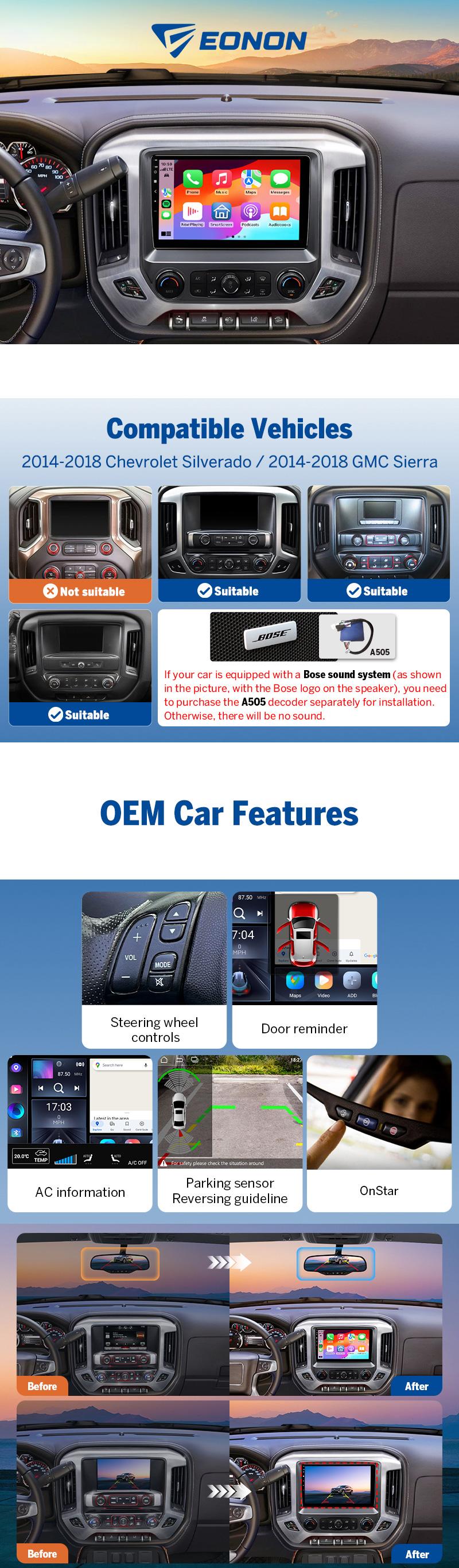 Eonon Car Stereo for Chevy Silverado GMC Sierra 2014-2018 Android 13/14 Head Unit with Wired/ Wireless CarPlay Android Auto 10.1" Car Radio Touch Screen SWC Sub BT Backup Camera Dashboard Upgrade - GMSX7A / GMSX6S2