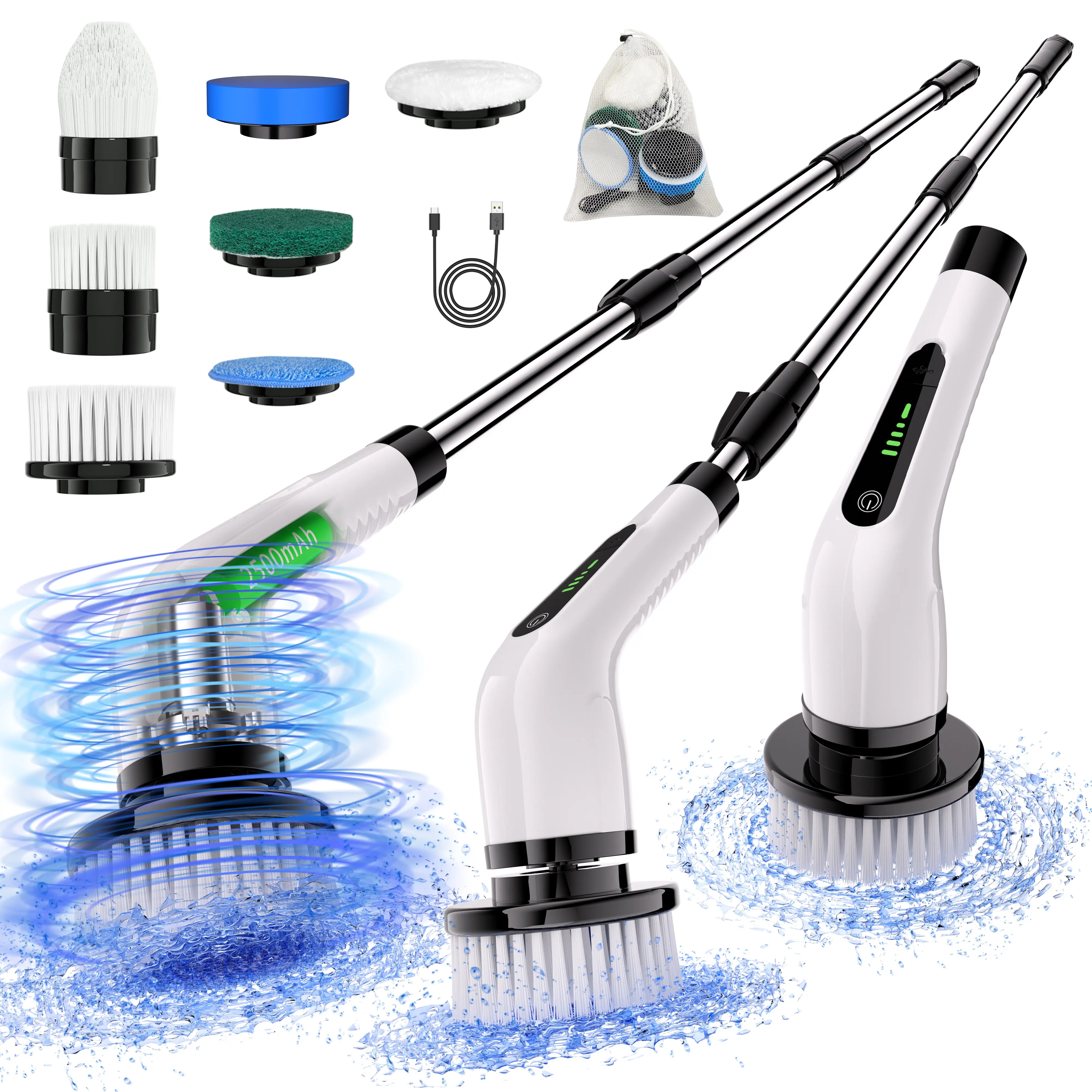 Cordless Rechargeable Electric Spin Scrubber - Type-C Quick Charge, Full Body Waterproof, Battery Level Display, 7 Replaceable Heads, Adjustable 2-Speed, Detachable Long Telescopic Reach Handle for Kitchen, Bathroom