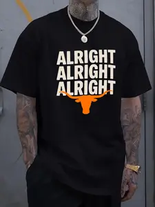 Men'S Casual Black T-Shirt with "Alright Alright Alright" Texas Longhorn Logo Print - Perfect for Sports Fans, Regular Fit, Short Sleeve, Crew Neck, Summer Wear, Casual Summer Wear| Crew Neck Shirt| Cotton Tshirt