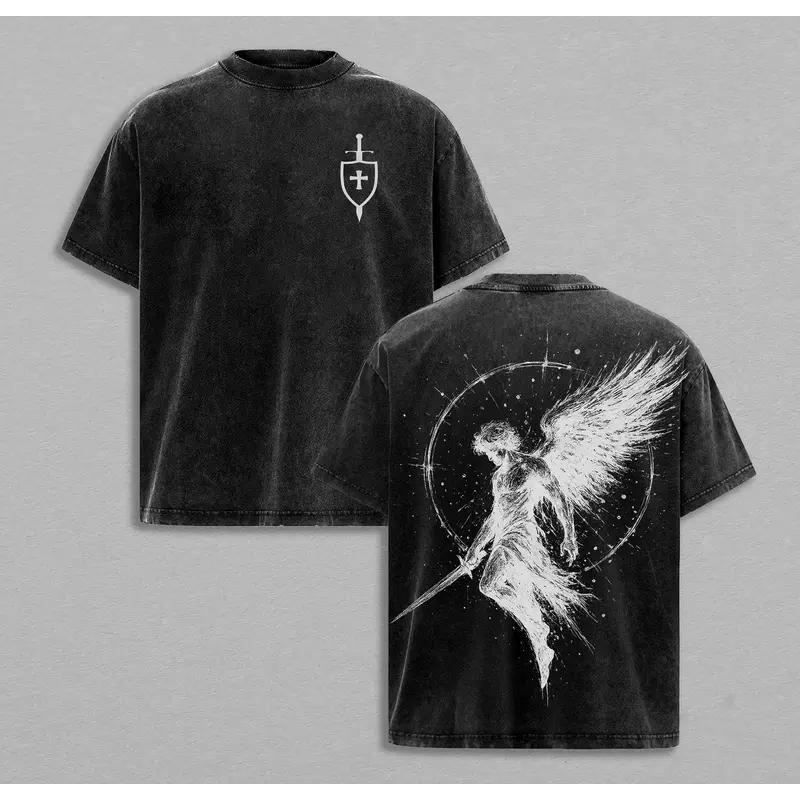 Archangel Michael Winter Apparel x Flame Sword x Shield x Justice Scale Archangel Michael T-Shirt St. Michael Archangel x Flame Sword T-Shirt Washed Church Apparel Gym Tank Tops Christian Religious Jesus Apparel