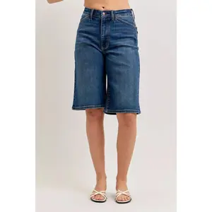 Judy Blue High Waist Relaxed Bermuda Denim Shorts 152111, Stretchy Cotton Denim Womenswear Chic Bottom, Modest, roomy Knee Length, Non Distressed