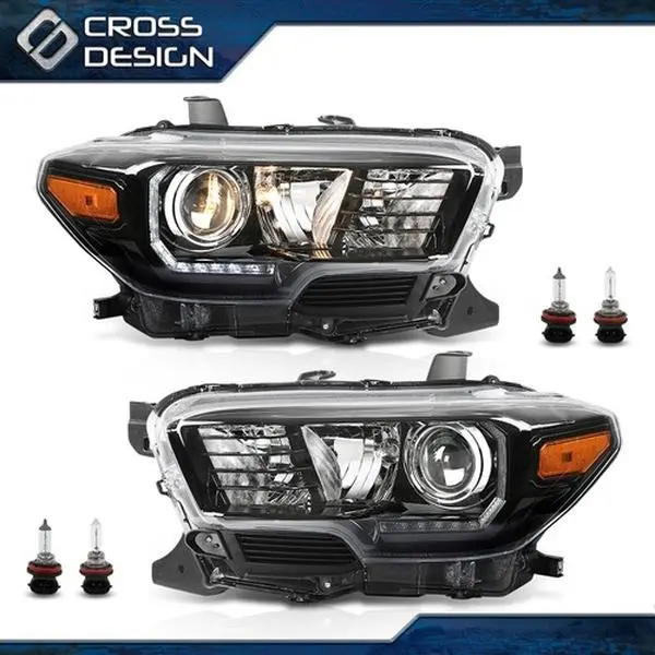 CROSSDESIGN Durable LED DRL Headlamps for 16-23 Toyota Tacoma - LED Front Lights, Black Housing, Amber Corner Projector Beam Headlight Assemblies, Aftermarket Bulbs Headlight Assemblies,
