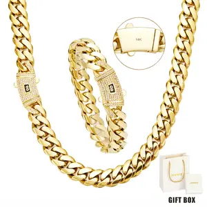 14K Gold-Plated Cuban Bracelet & Necklace Set Technology Anti-Rust New Brilla Contio Jewelers Waterproof Fade-Proof Hypoallergenic 6-14mm Sizes TimelessShine for Every Look Valentine's Day gift