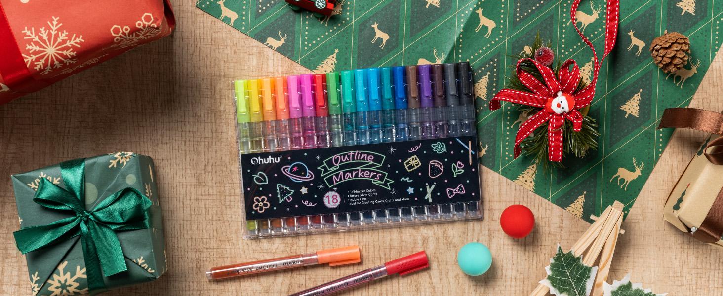 Ohuhu Glitter Markers: 18 Outline Markers - Shimmer Glitter Metallic Double Line Drawing Pens for Adults Beginners Fun Crafts Art Supplies Gifts for Greeting Cards Glass Rock Plastic - Ohuhu Stocking Stuffers for Teen Girl