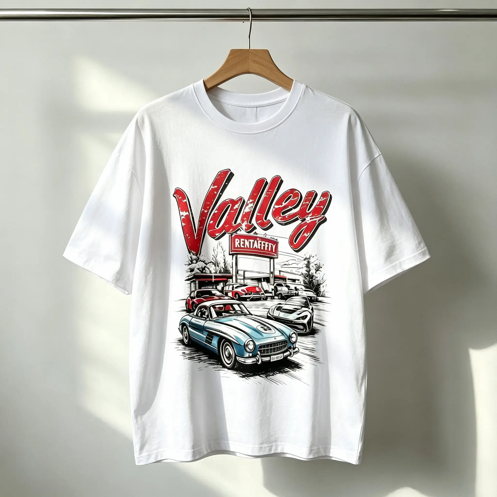 Men's Shortsleeve Vintage Cotton T-shirt Menswear Top Streetwear Casual Shortsleeve Retro Car Graphic Valley Printed Tees Womenswear Summer
