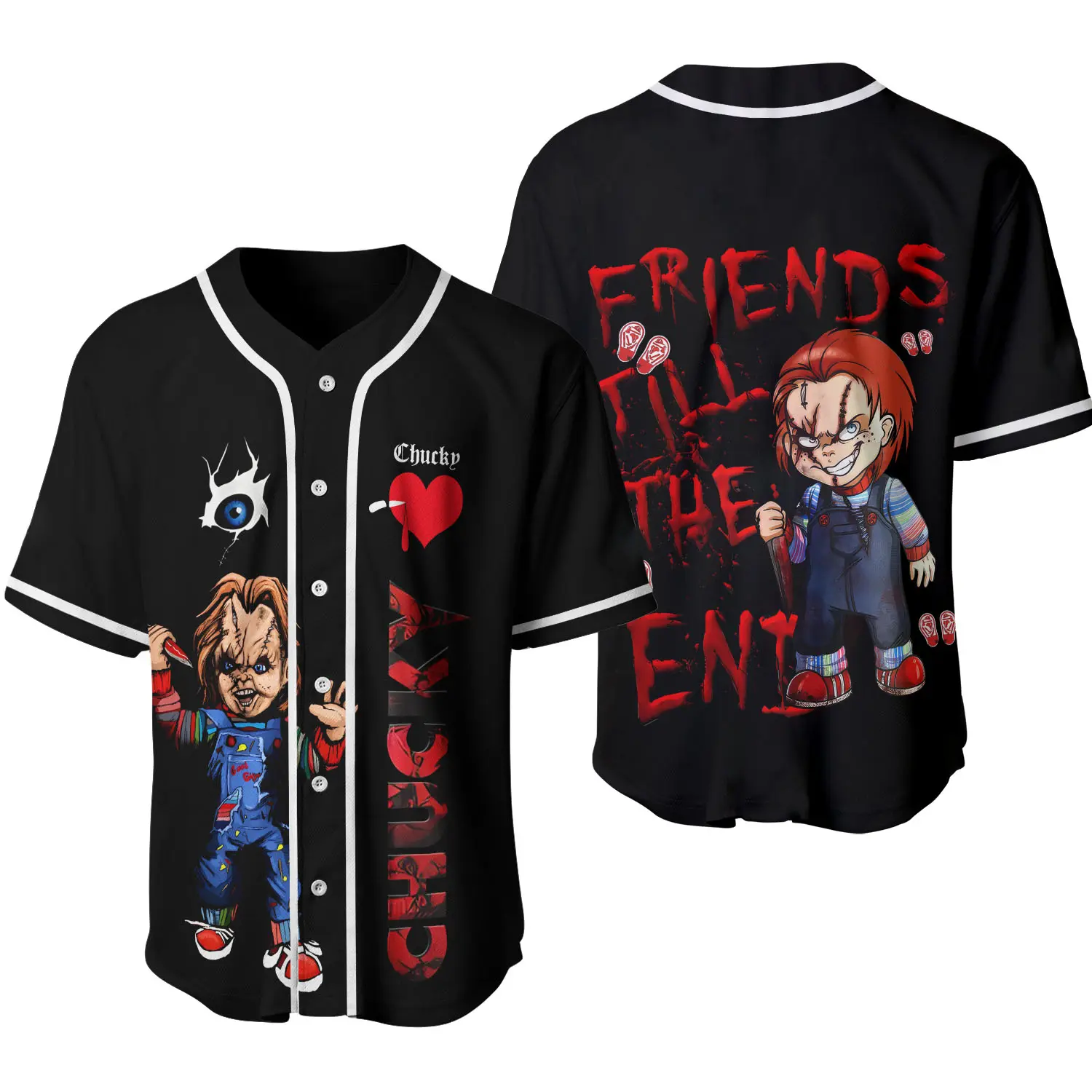 Chucky Inspired 3D Baseball Jersey – Horror Doll Graphic Button Up Shirt