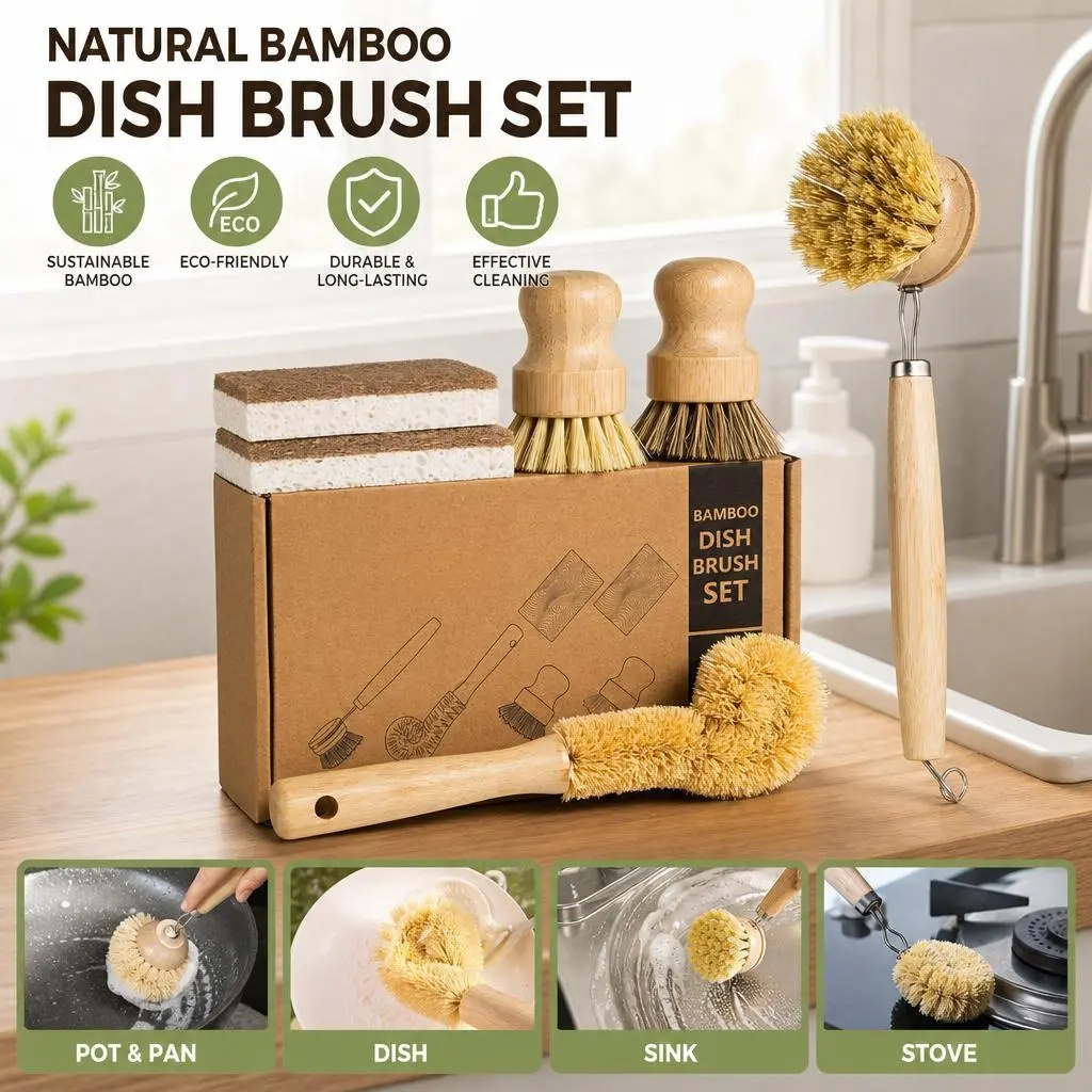 6-Piece Bamboo Kitchen Cleaner Set with Coconut Sponge - Natural Wooden Scrub Brush with Sisal-Palm Bristles, Long-Handle & Short-Handle Multifunctional Biodegradable Plastic-Free Non-Scratch Accessories for Dishes, Pots, Senior-Friendly Durable Utensils,