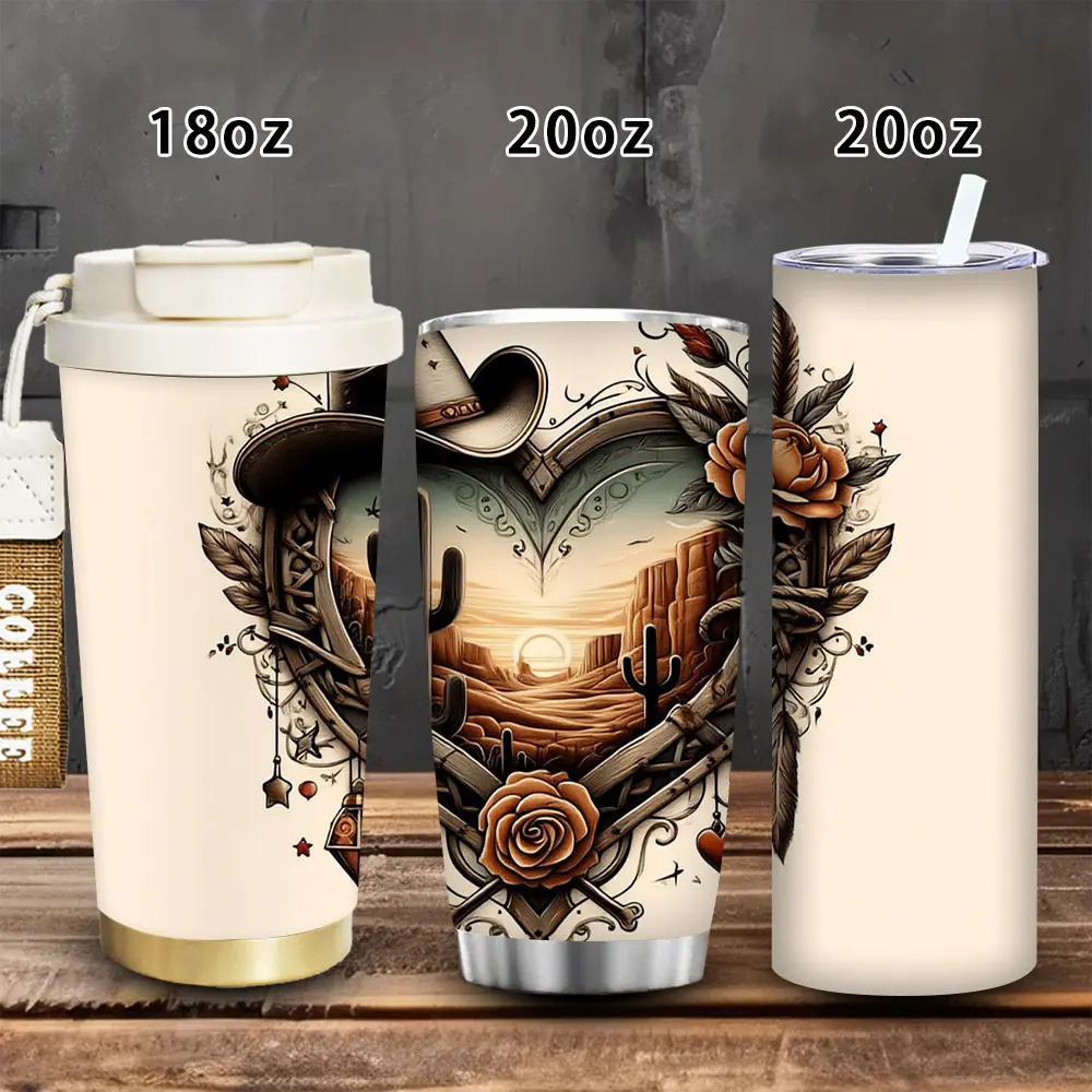 1pc Western-Style Cactus & Rose Insulated Vacuum Flask Tumbler - 18oz/20oz, Office Coffee Travel Mug with Lid & Straw, Novelty Birthday Gift for Women, Valentine's Day Present for Adults