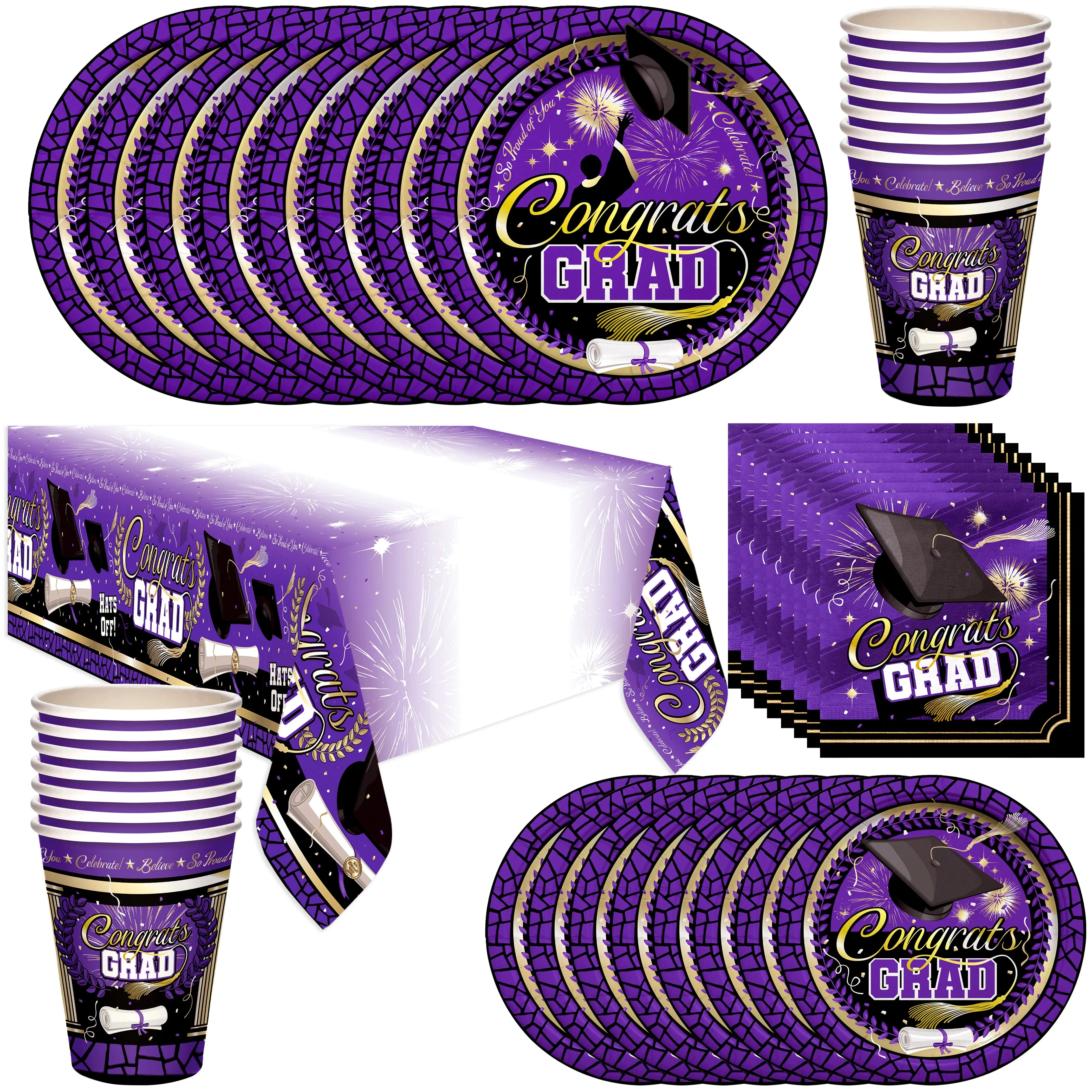 Purple Graduation Party Tableware Deluxe Set for 16 Guests